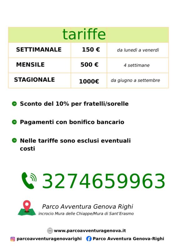 Tariffe Centro estivo Parco Avventura Genova
